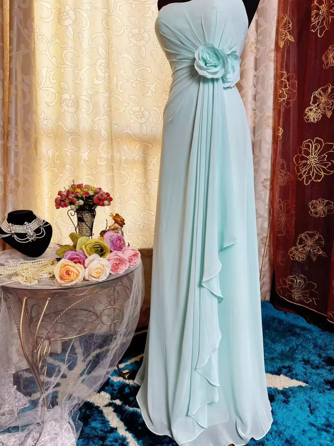 Elegant Tiffany Blue Sheath Long Prom Dress Chiffon Vintage Evening Gown Sweetheart Formal Dress ED03902