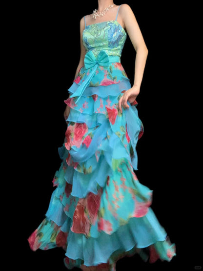 Blue Spaghetti Straps Sheath Long Formal Dress Floral Chiffon Sweet Birthday Dress HZ1024