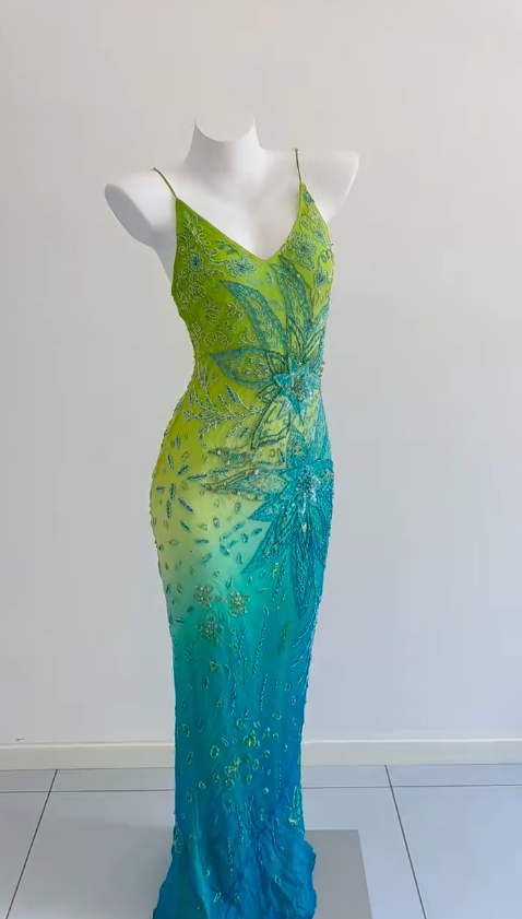 Vintage Green/Blue V-Neck Sheath Long Formal Dress Beaded Chiffon Elegant Evening Dress ED03905
