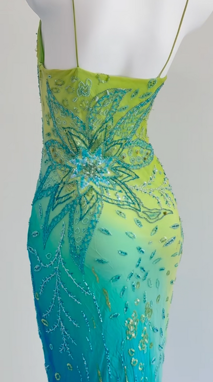 Vintage Green/Blue V-Neck Sheath Long Formal Dress Beaded Chiffon Elegant Evening Dress ED03905