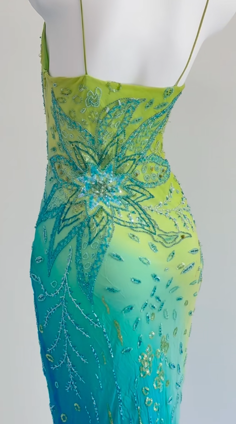 Vintage Green/Blue V-Neck Sheath Long Formal Dress Beaded Chiffon Elegant Evening Dress ED03905