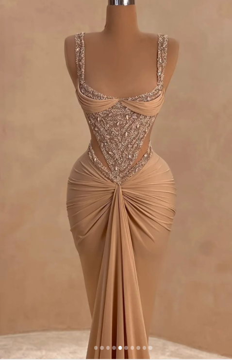 Elegant Strap Mermaid Long Prom Dresses Champagne Beaded Satin Evening Gown Graduation Dress ED03911