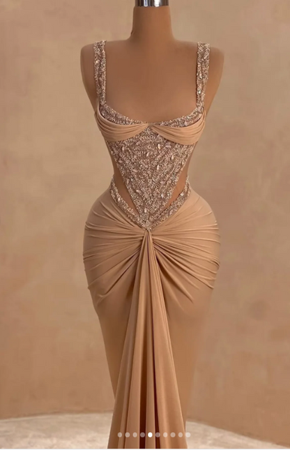 Elegant Strap Mermaid Long Prom Dresses Champagne Beaded Satin Evening Gown Graduation Dress ED03911