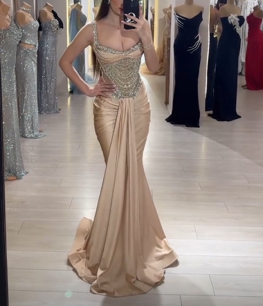Elegant Strap Mermaid Long Prom Dresses Champagne Beaded Satin Evening Gown Graduation Dress ED03911