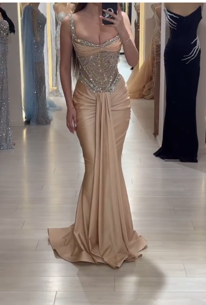 Elegant Strap Mermaid Long Prom Dresses Champagne Beaded Satin Evening Gown Graduation Dress ED03911