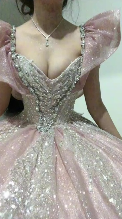 Elegant V-neck Ball Gown Quinceanera Dress Sparkly Tulle Long Prom Dresses Pink Sweet 16 Dress ED03912