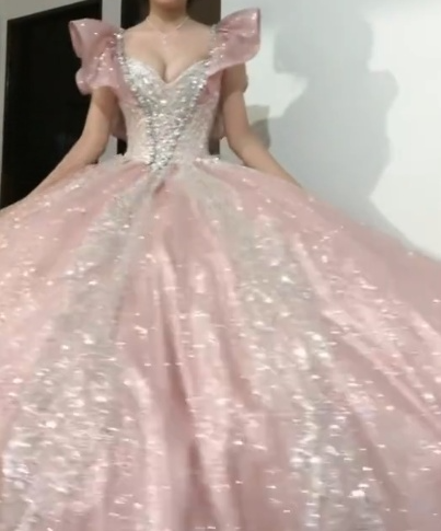 Elegant V-neck Ball Gown Quinceanera Dress Sparkly Tulle Long Prom Dresses Pink Sweet 16 Dress ED03912