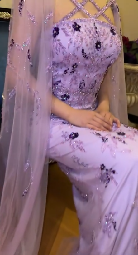 Purple Sheath Evening Gowns with Cape Modest Halter Neck Satin Beaded Formal Dress Tulle Wedding Guest Dress HZ1024