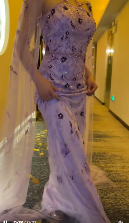 Elegant Purple Sheath Evening Gowns with Cape Modest Halter Neck Satin Beaded Formal Dress Tulle Wedding Guest Dress ED03927
