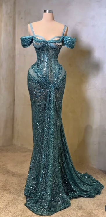 Teal Mermaid Evening Gowns Sexy Spaghetti Straps Birthday Dress Beaded Sequins Formal Dress Wedding Guest Dress HZ1024