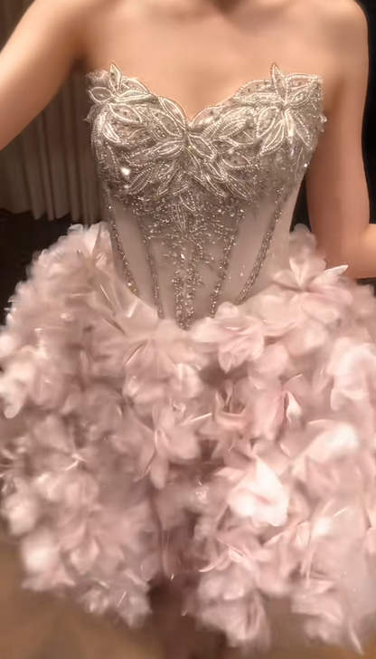 Sweet Pink Ball Gown Short Homecoming Dress Sweetheart Neck Beaded Formal Dress Birthday Dress ED03935