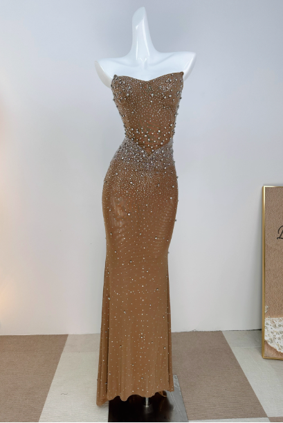 Elegant Mermaid Strapless Long Prom Dress Beaded Chiffon Champagne Evening Gown ED03950