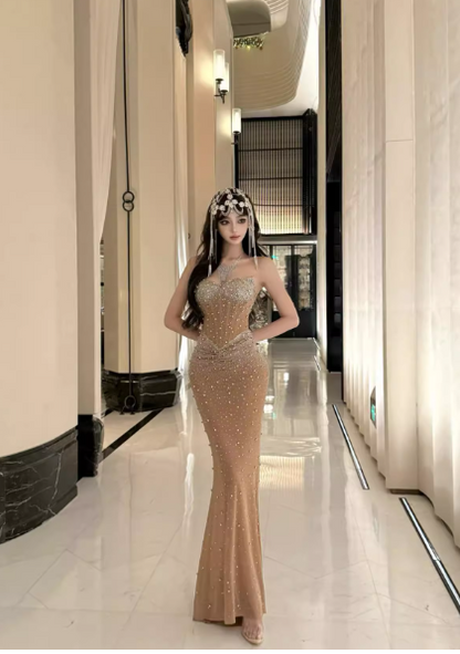 Elegant Mermaid Strapless Long Prom Dress Beaded Chiffon Champagne Evening Gown ED03950
