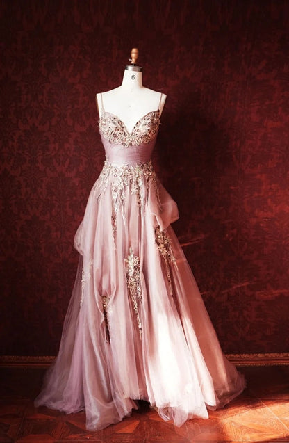 A-Line Spaghetti Strap Tulle Long Prom Dress with Beaded Appliques Sweet 16 Dress HZ1024