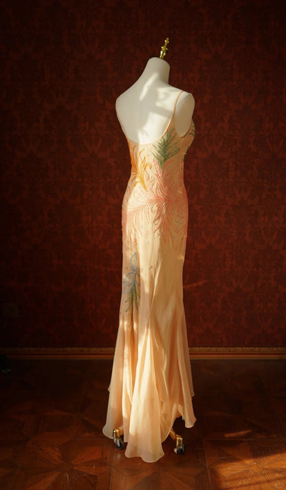Mermaid Spaghetti Strap Chiffon Long Prom Dress Beaded Applique Light Orange Formal Evening Dress Wedding Guest Dress HZ1024