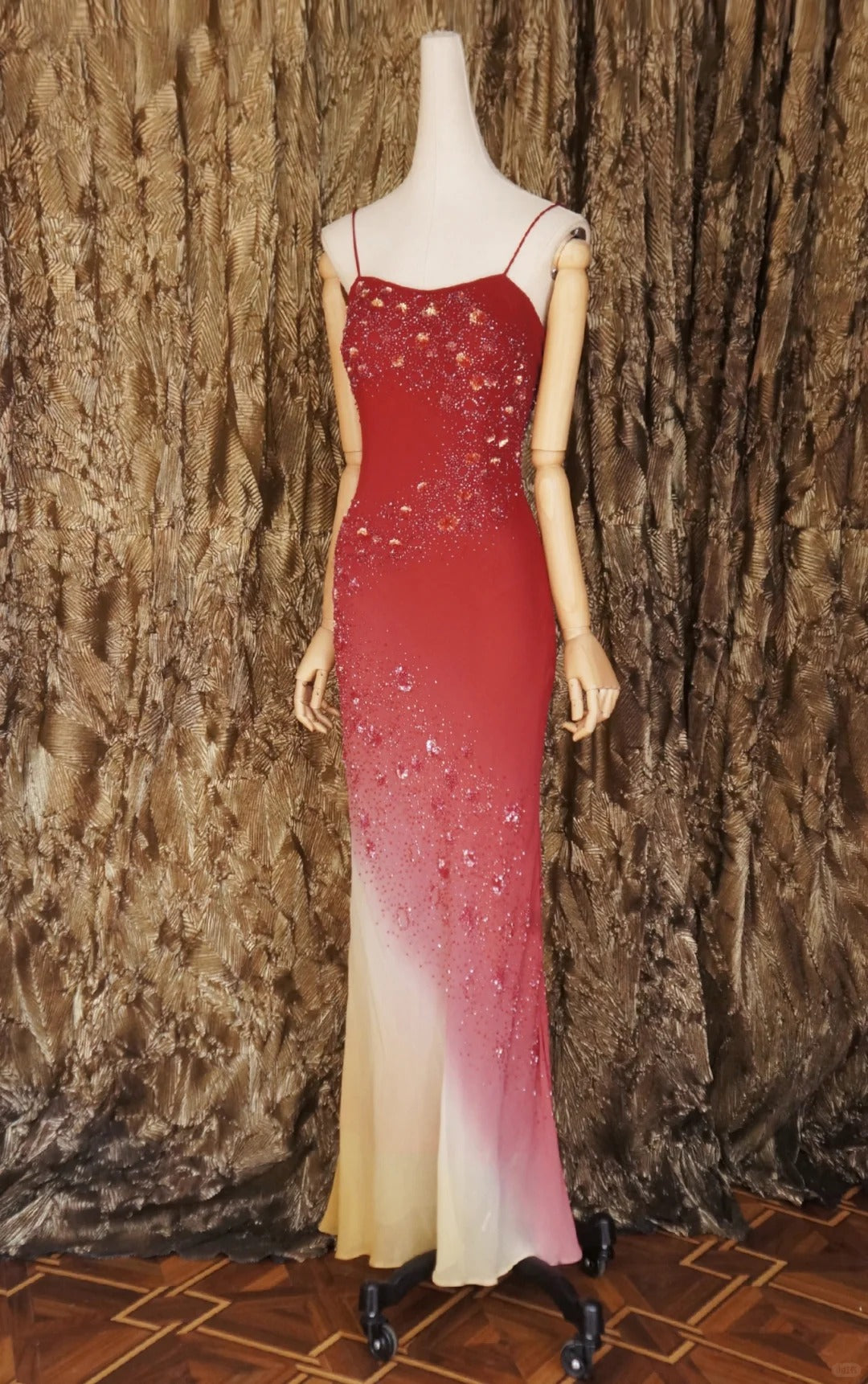 Vintage Gradient Burgundy Mermaid Spaghetti Strap Chiffon Long Prom Dress Beaded Applique Formal Evening Dress Wedding Guest Dress ED03953