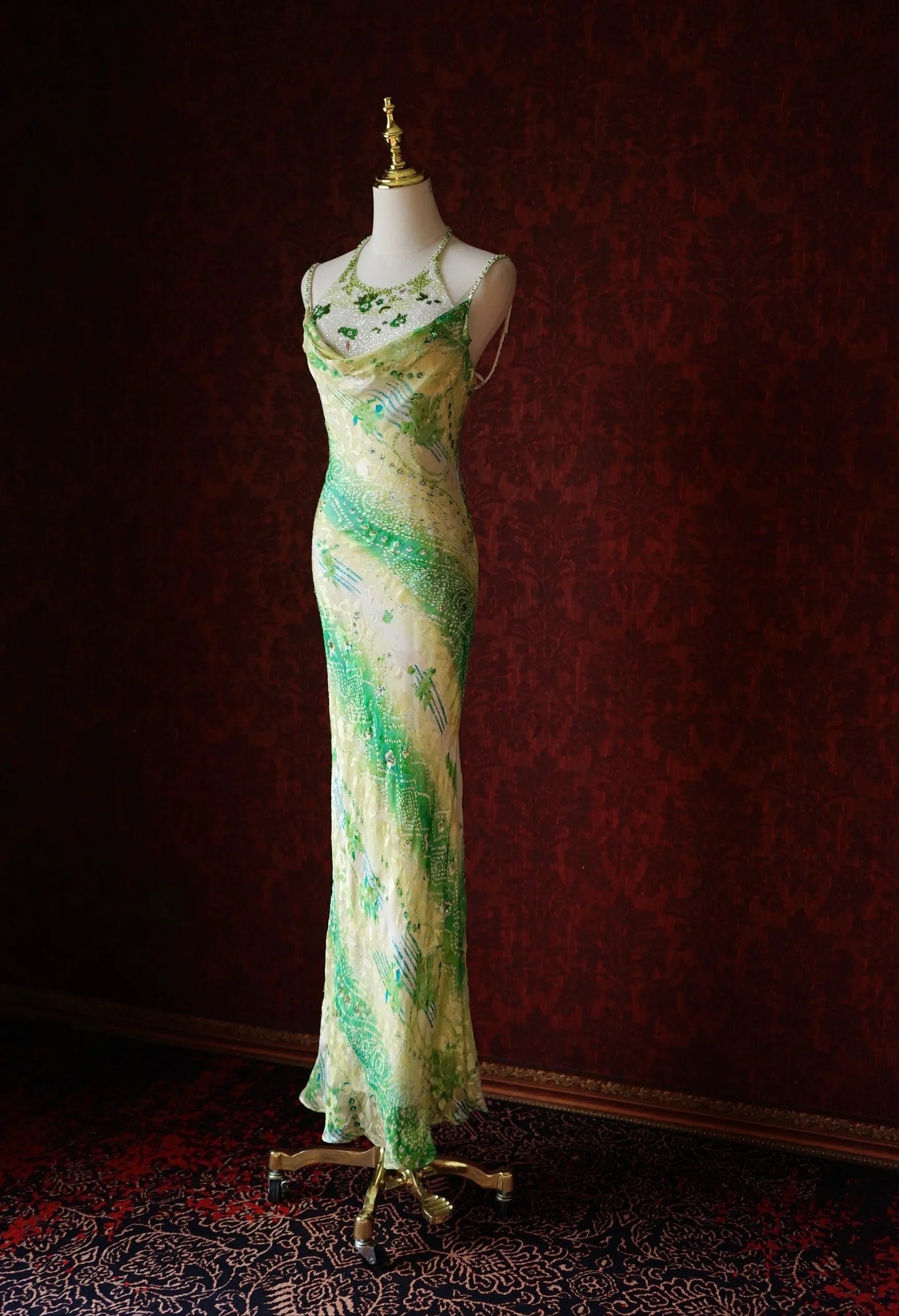 Green Sheath Spaghetti Strap Floral Chiffon Long Prom Dress Beaded Formal Evening Dress Wedding Guest Dress HZ1024