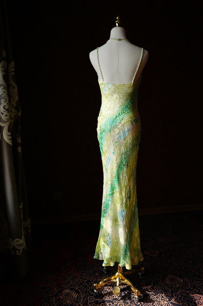 Vintage Green Sheath Spaghetti Strap Floral Chiffon Long Prom Dress Beaded Formal Evening Dress Wedding Guest Dress ED03954