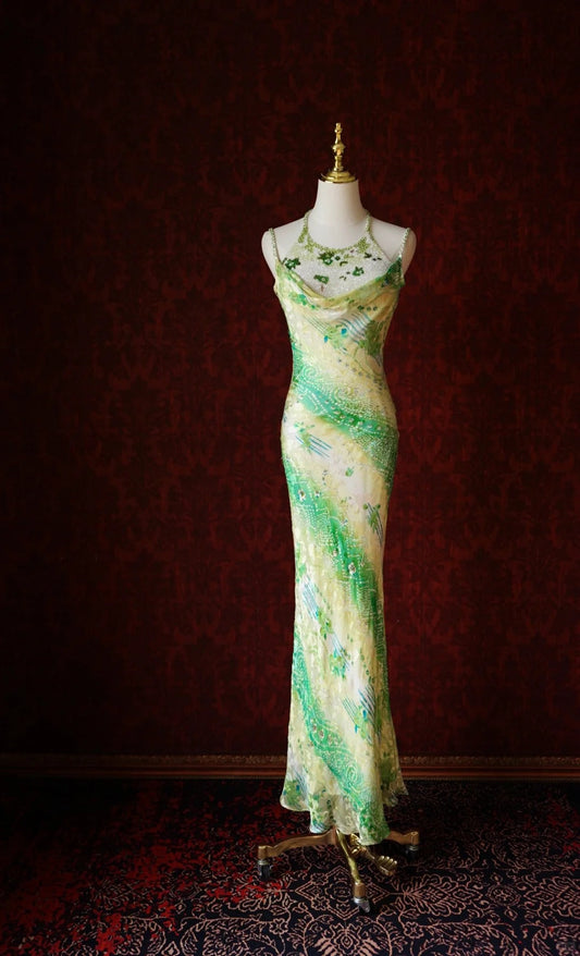Green Sheath Spaghetti Strap Floral Chiffon Long Prom Dress Beaded Formal Evening Dress Wedding Guest Dress HZ1024