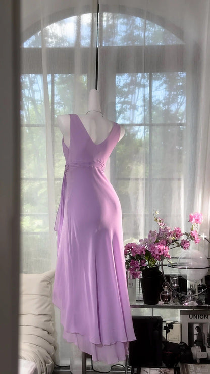 Vintage Purple Sheath V-neck Chiffon Prom Dress Formal Evening Dress ED03955