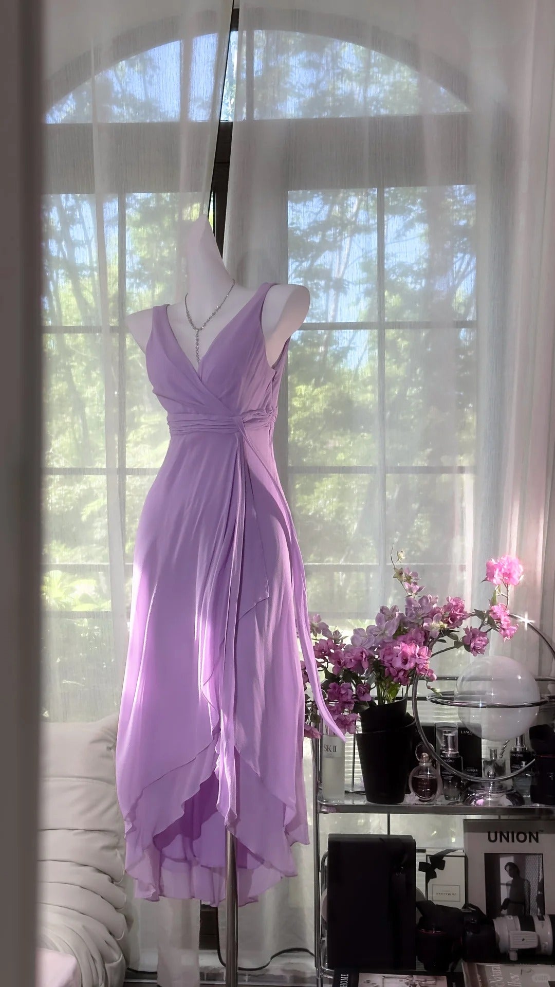 Vintage Purple Sheath V-neck Chiffon Prom Dress Formal Evening Dress ED03955