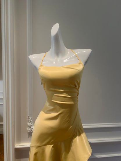 Gorgeous Sheath Halter Satin Long Prom Dress Yellow Backless Formal Dress Hi-Lo Evening Dress ED03956