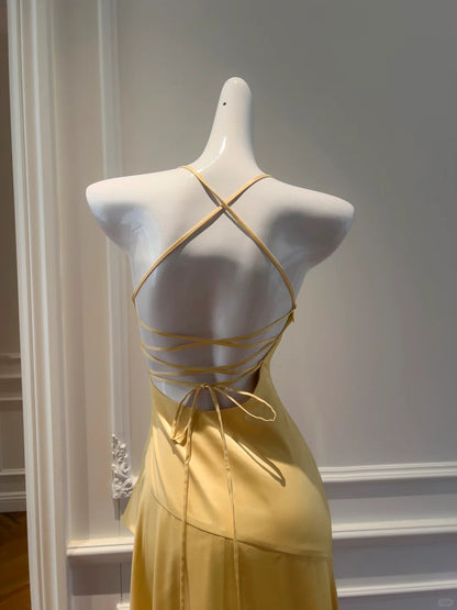 Sheath Halter Satin Long Prom Dress Yellow Backless Formal Dress Hi-Lo Evening Dress HZ1024