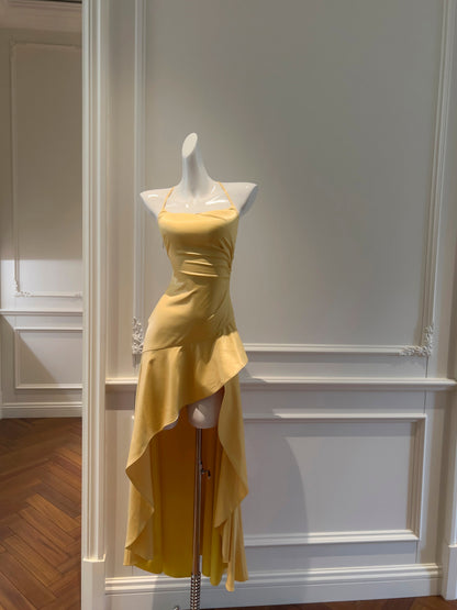 Gorgeous Sheath Halter Satin Long Prom Dress Yellow Backless Formal Dress Hi-Lo Evening Dress ED03956