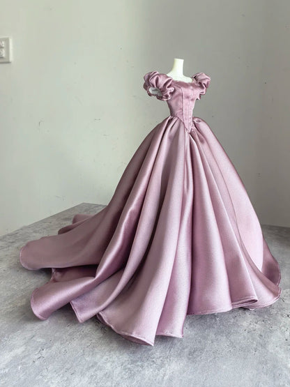 Dusty Pink Ball Gown Satin Long Prom Dress Jewel Short Sleeve Quinceanera Sweet 16 Dress HZ1024