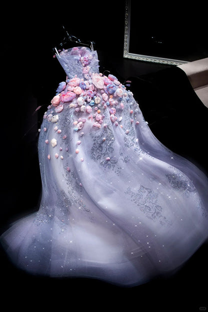Purple Ball Gown Tulle Long Prom Dress Strapless Applique Formal Evening Dress Sweet 16 Dress HZ1024