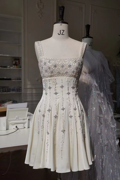 A-Line Square Neck Short Birthday Prom Dress Satin Beaded Formal Dress Graduation Dress Middle School Homecoming Dress HZ1024