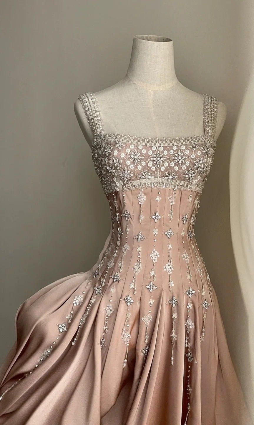 A-Line Square Neck Short Birthday Prom Dress Satin Beaded Formal Dress Graduation Dress Middle School Homecoming Dress HZ1024