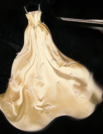 Fairy Spaghetti Strap A-Line Satin Sweet 16 Dress Butter Yellow Evening Dress ED03964