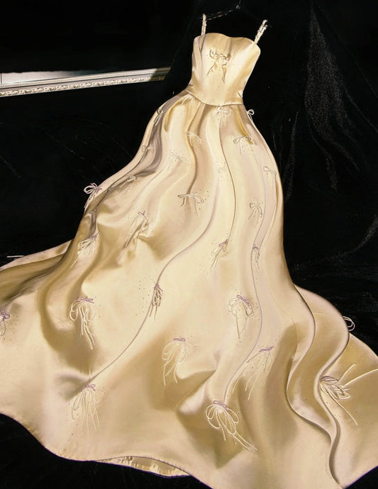 Fairy Spaghetti Strap A-Line Satin Sweet 16 Dress Butter Yellow Evening Dress ED03964