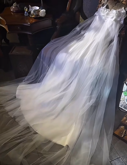 Fairy Strap A-Line Tulle Light Luxury Wedding Dress White Formal Evening Dress ED03965