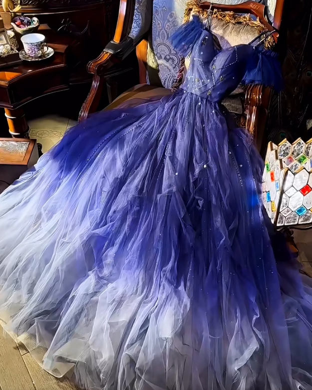 Sparkly Off-the-shoulder A-Line Tulle Long Prom Dress Blue Formal Evening Dress ED03967