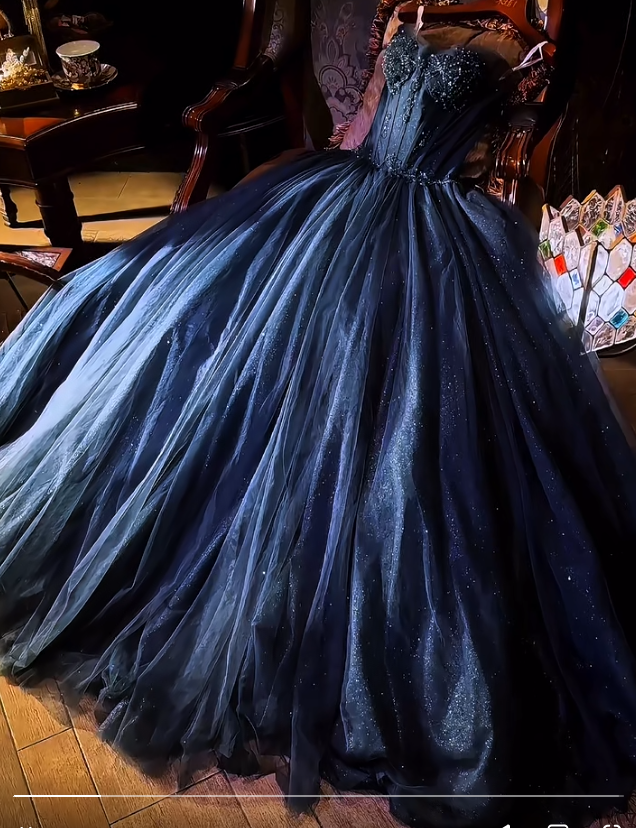 Elegant Strapless A-Line Tulle Sequin Long Prom Dress Navy Blue Formal Evening Dress ED03970