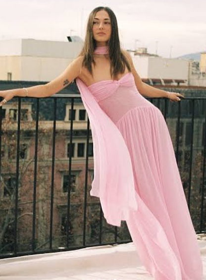 Strapless Sheath Chiffon Long Prom Dress Pink Formal Evening Dress HZ1024