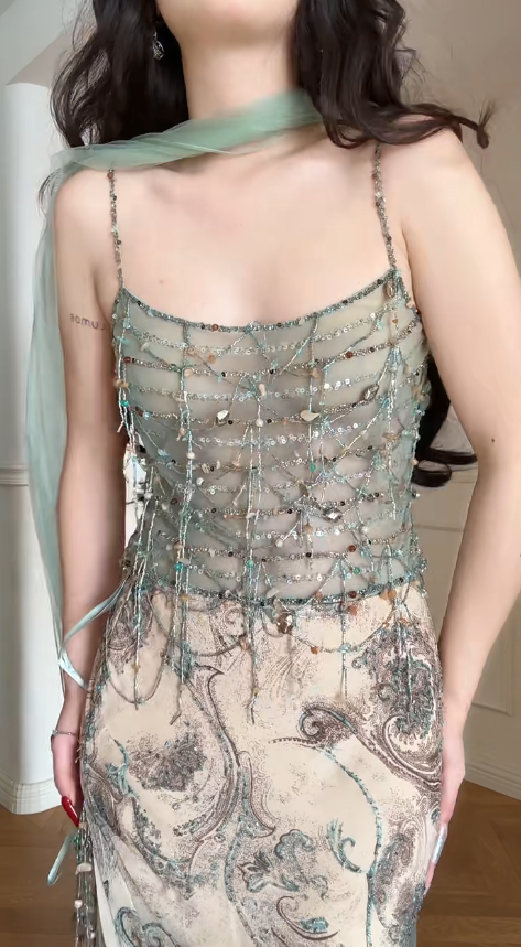 Vintage Spaghetti Strap Sheath Two-Piece Long Prom Dress, Chiffon Beaded Formal Evening Dress ED03975