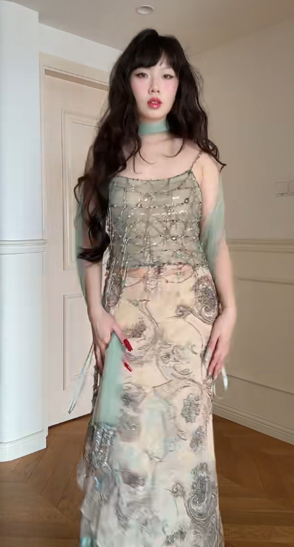 Vintage Spaghetti Strap Sheath Two-Piece Long Prom Dress, Chiffon Beaded Formal Evening Dress ED03975