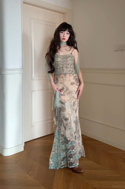 Vintage Spaghetti Strap Sheath Two-Piece Long Prom Dress, Chiffon Beaded Formal Evening Dress ED03975
