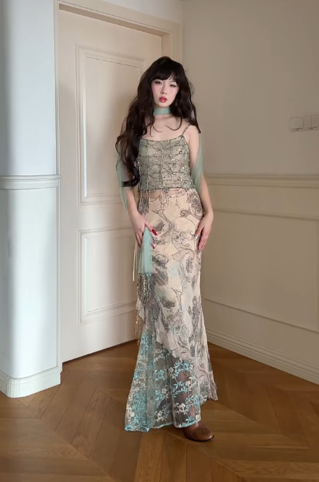 Vintage Spaghetti Strap Sheath Two-Piece Long Prom Dress, Chiffon Beaded Formal Evening Dress ED03975