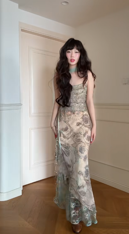 Vintage Spaghetti Strap Sheath Two-Piece Long Prom Dress, Chiffon Beaded Formal Evening Dress ED03975