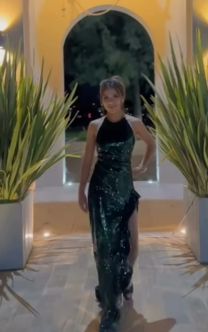 Elegant A-Line Jewel Dark Green Formal Evening Dress Sparkly Sequin Slit Prom Dress ED03978