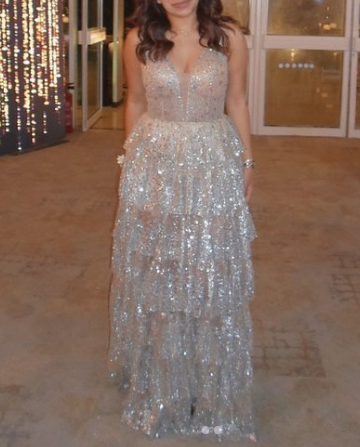 Gorgeous A-line V-neck Formal Evening Dress Sparkly Tulle Sequin Birthday Dress ED03980