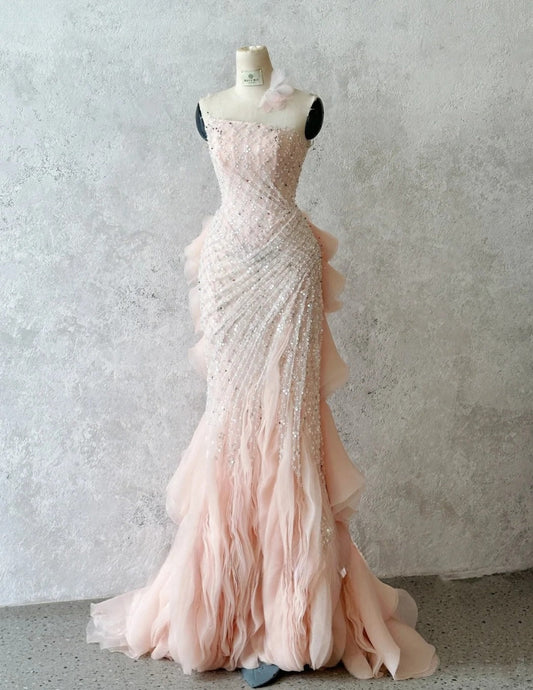 Mermaid Formal Evening Gown Strapless Beaded Chiffon Birthday Dress HZ1024
