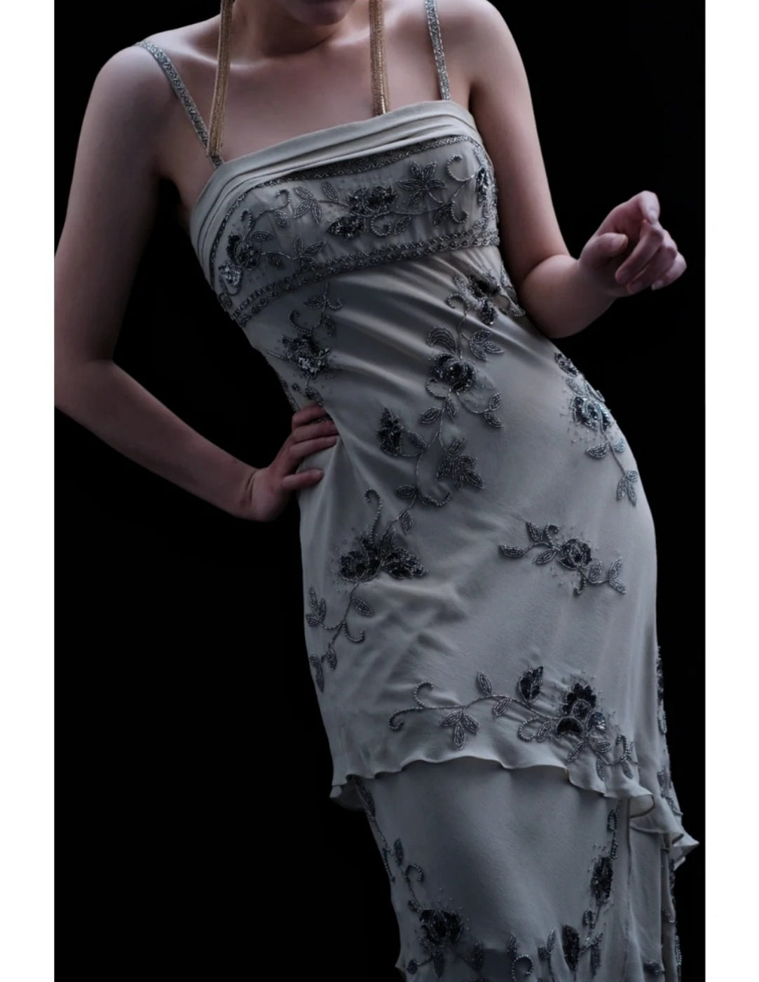 Vintage Sheath Spaghetti Strap Grey Chiffon Beaded Formal Evening Dress ED03982