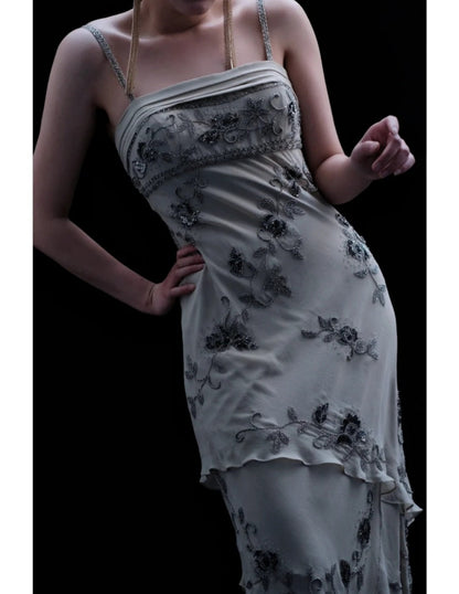 Vintage Sheath Spaghetti Strap Grey Chiffon Beaded Formal Evening Dress ED03982