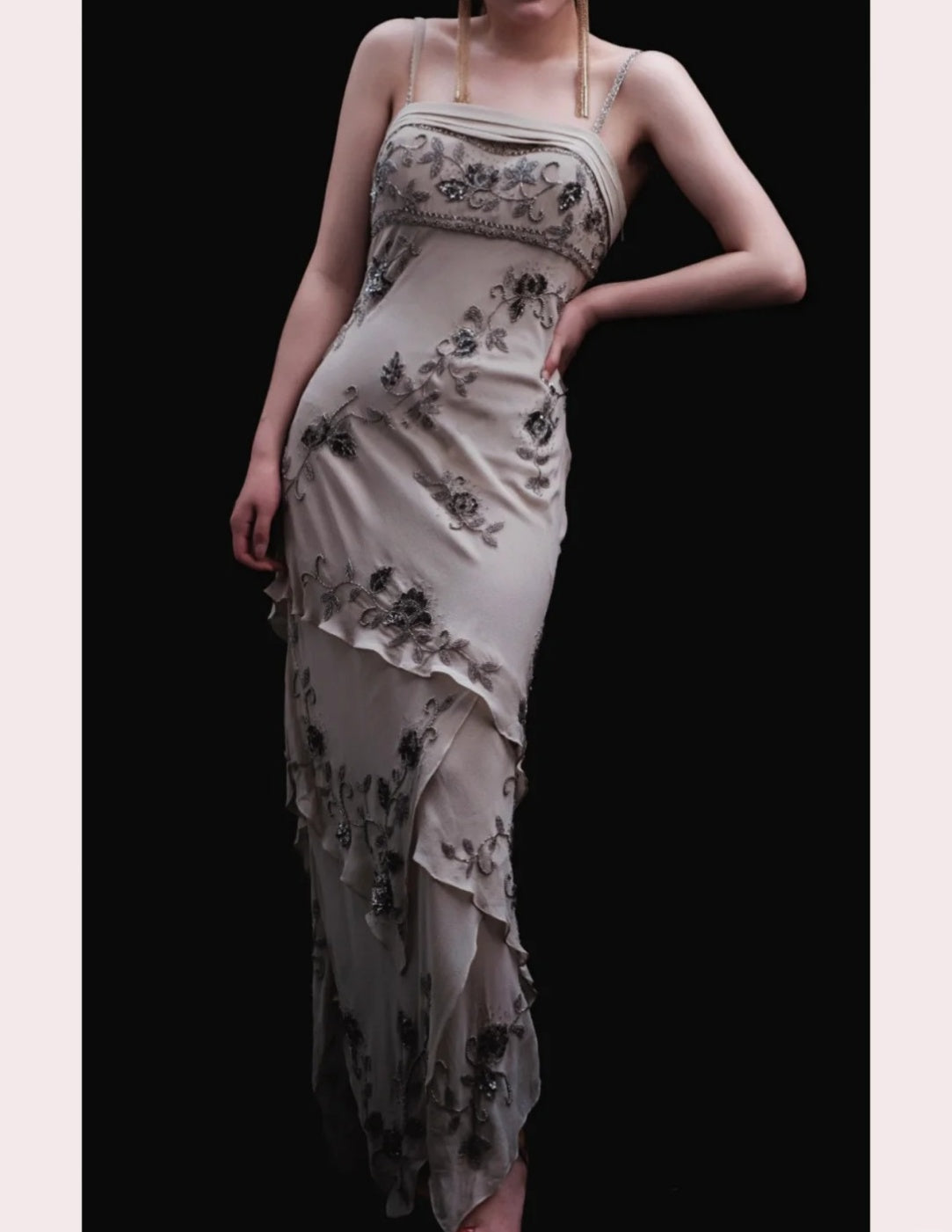 Vintage Sheath Spaghetti Strap Grey Chiffon Beaded Formal Evening Dress ED03982