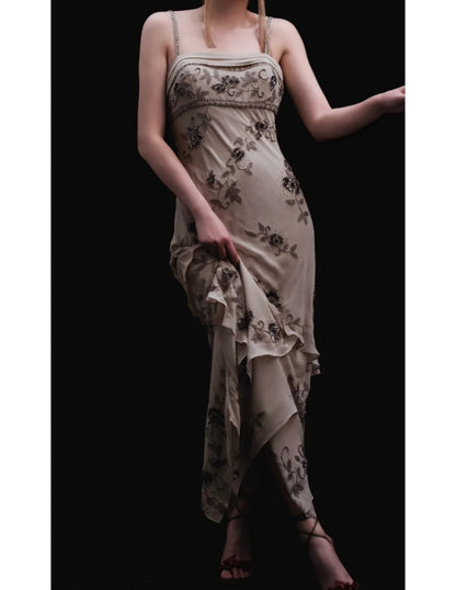 Vintage Sheath Spaghetti Strap Grey Chiffon Beaded Formal Evening Dress ED03982